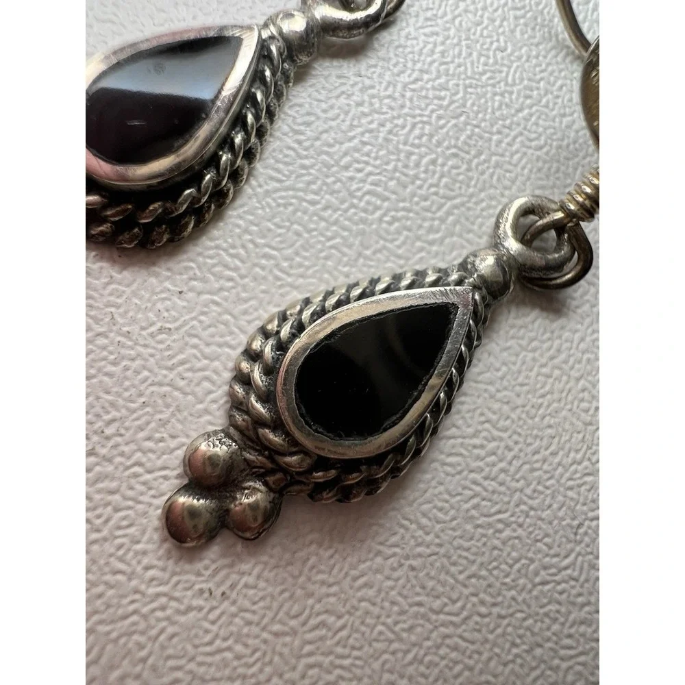 Vintage‎ Black Onyx Charles Winston Sterling Silver Teardrop Rope Earrings
